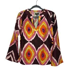 Aoyama Itchome Womens M Multi Boho Retro Long Sleeve Silk Mixed Media Blouse